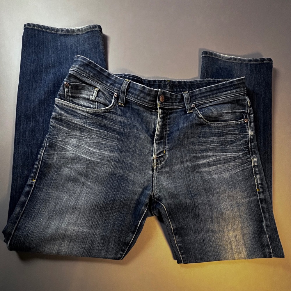 Fidelity Denim Slim Jim Jeans Mens Size 38 Calvary Blue‎ Made in USA Distressed